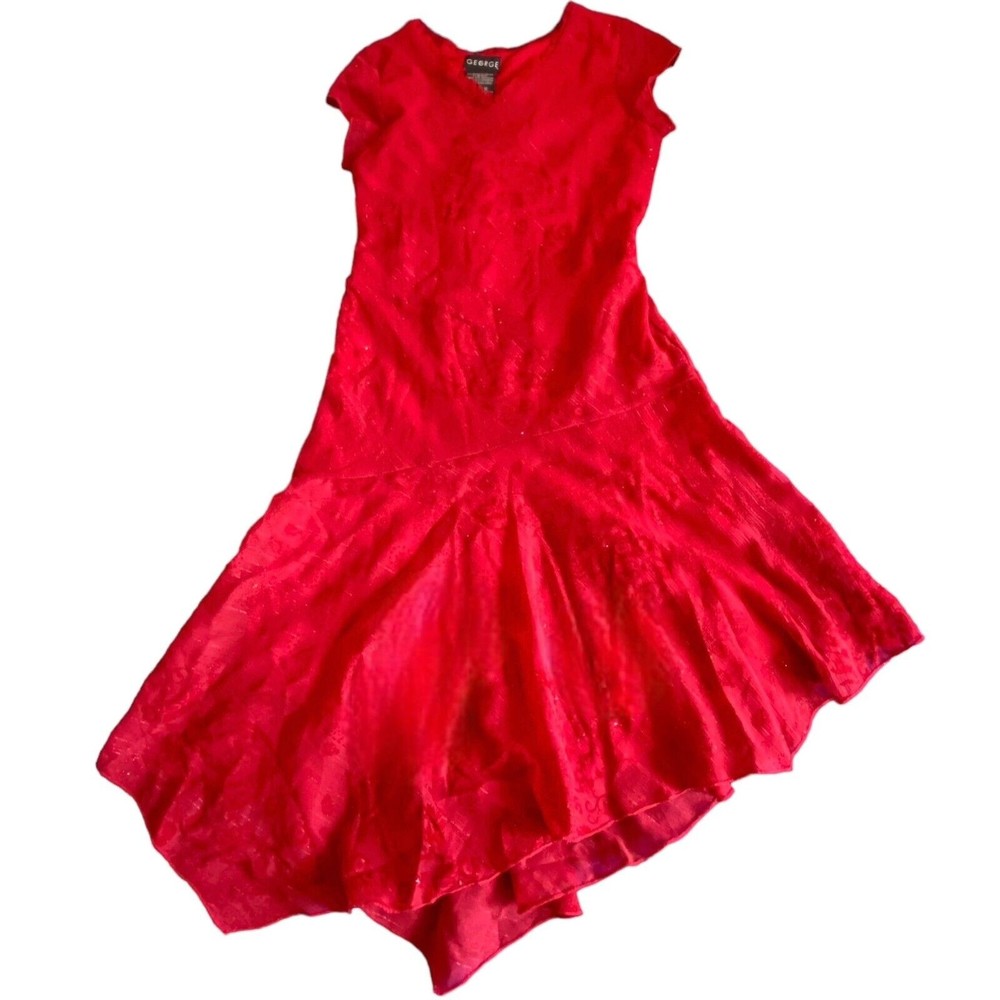 Girls’ Red Sparkly Dress Cap Sleeve Handkerchief Hem Tie Waist Festive Size 12